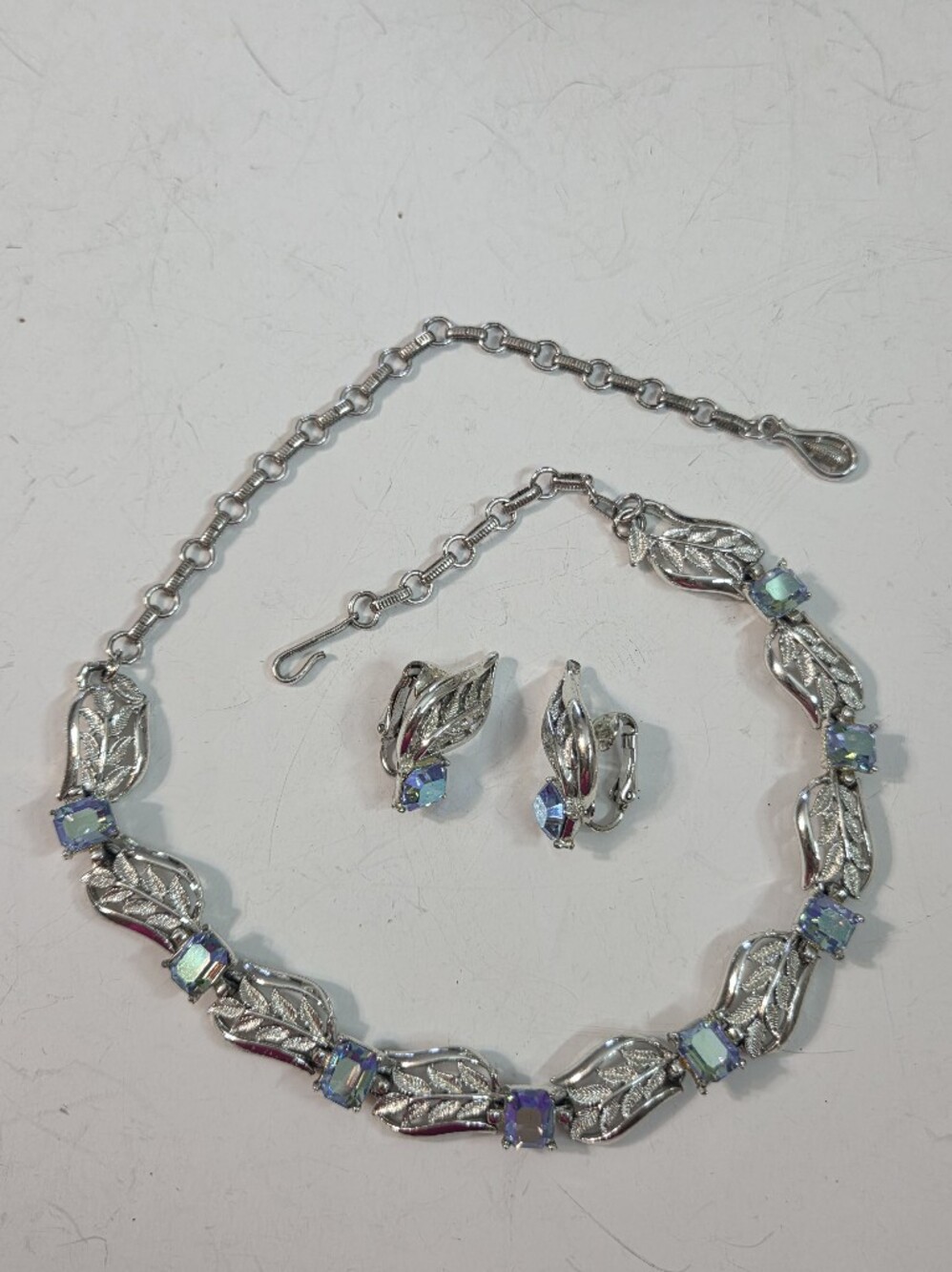 vintage 50s coro silver tone blue AB crystal stone leaf necklace earring set